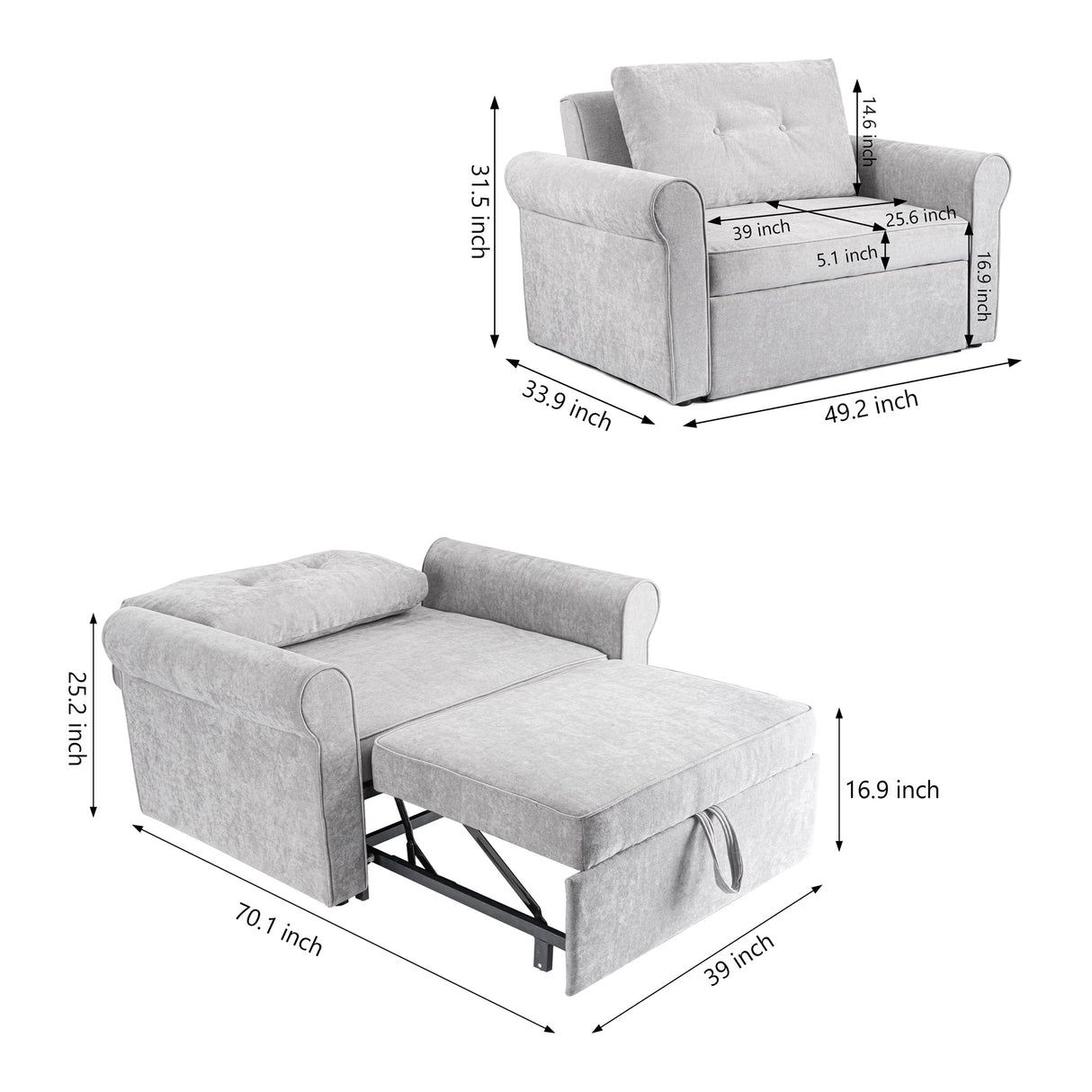 3-in-1 Adjustable Sleeper Sofa Bed Pull Out Chair Sofa