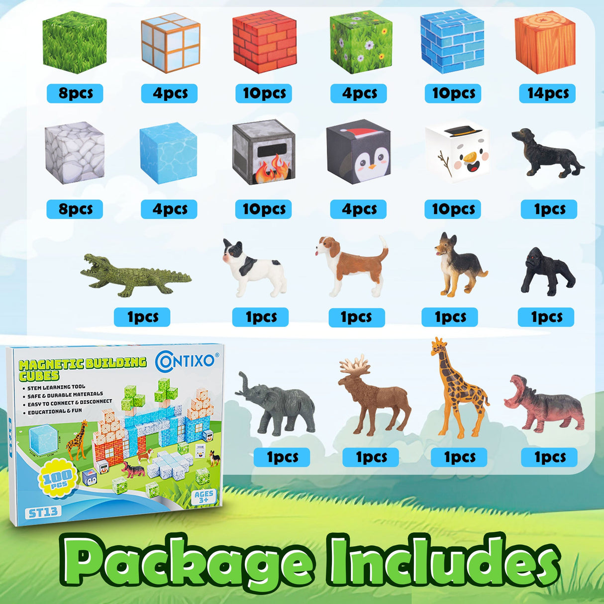 Contixo ST13 Magnetic Blocks, 100 PCS Magnetic Building Cube Game, Sensory Toys for Boys & Girls, STEM Stacking Toy Gifts for Age 3-12 by Contixo