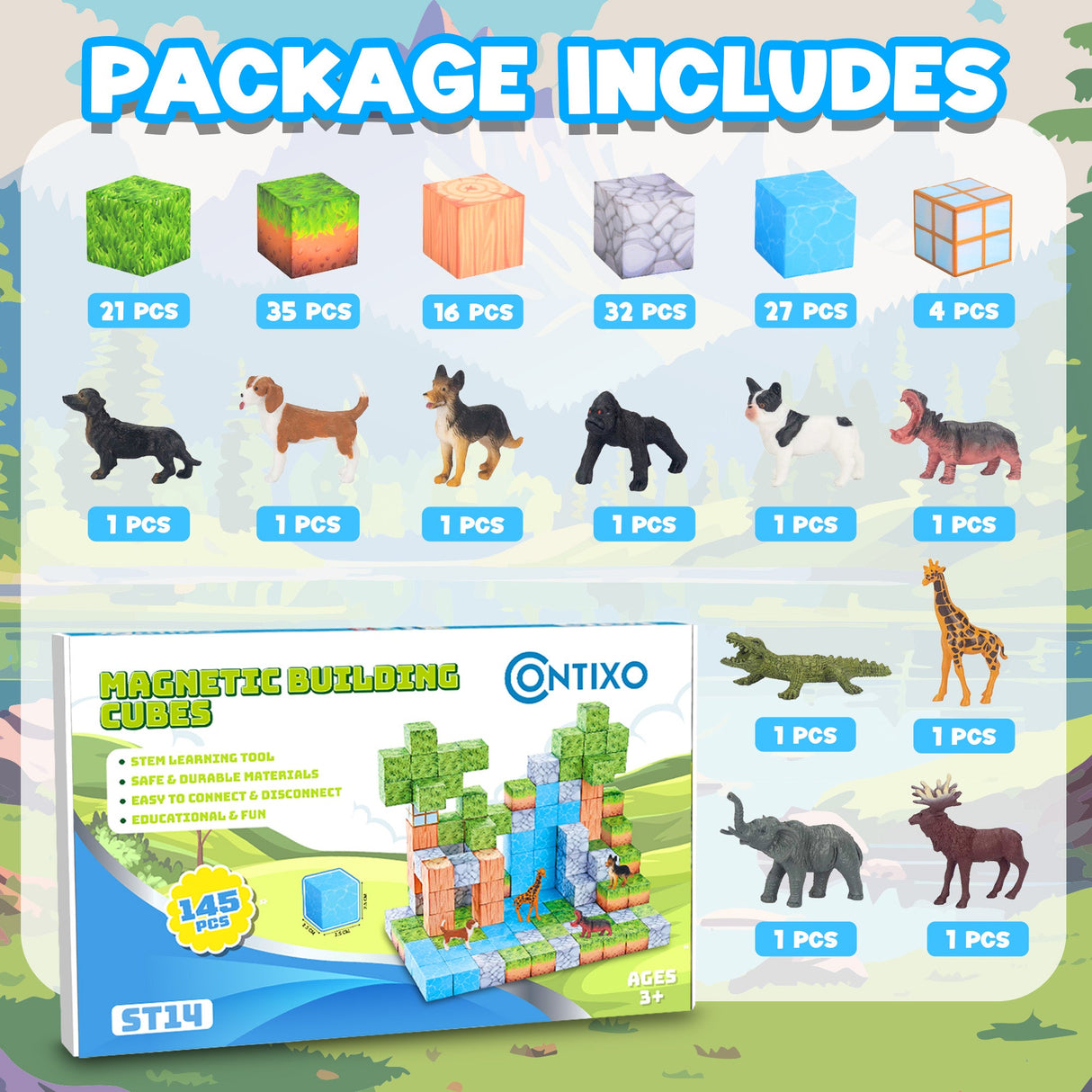 Contixo ST14 Magnetic Blocks, 145 PCS Magnetic Building Cube Game, Sensory Toys for Boys & Girls, STEM Stacking Toy Gifts for Age 3-12 by Contixo