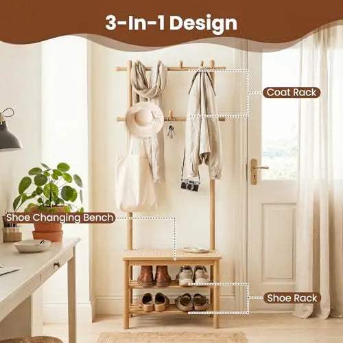 Natural Bamboo 3-in-1 Entryway Organizer: Freestanding Coat Rack With Bench, 11 Hooks, and 3-Tier Shoe Storage