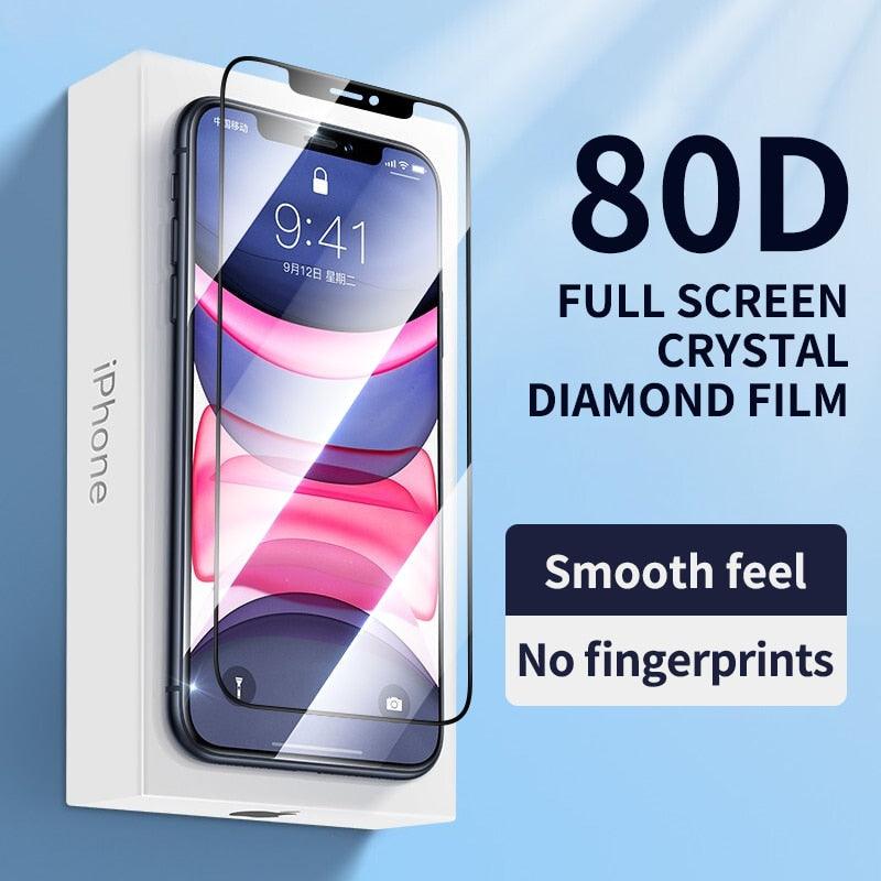 80D Full Protective Glass For iphone 6 7 8 Plus X Xr Xs Max SE Tempered Screen Protector iPhone 11 12 13 Pro Max Mini Glass Film Screen Protector with Full-Coverage, Easy Installation Frame
