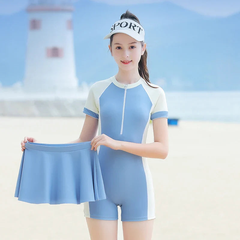 Girls Short Sleeve Swimsuit with Skirt