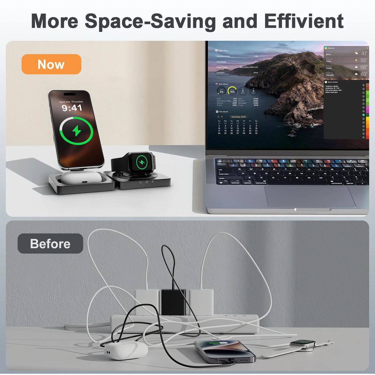 Magnetic Wireless Charger 3-in-1 Folding Fast Charging Station Foldable Travel for Magsafe iPhone 17/16/15/14/13 Watch Airpods