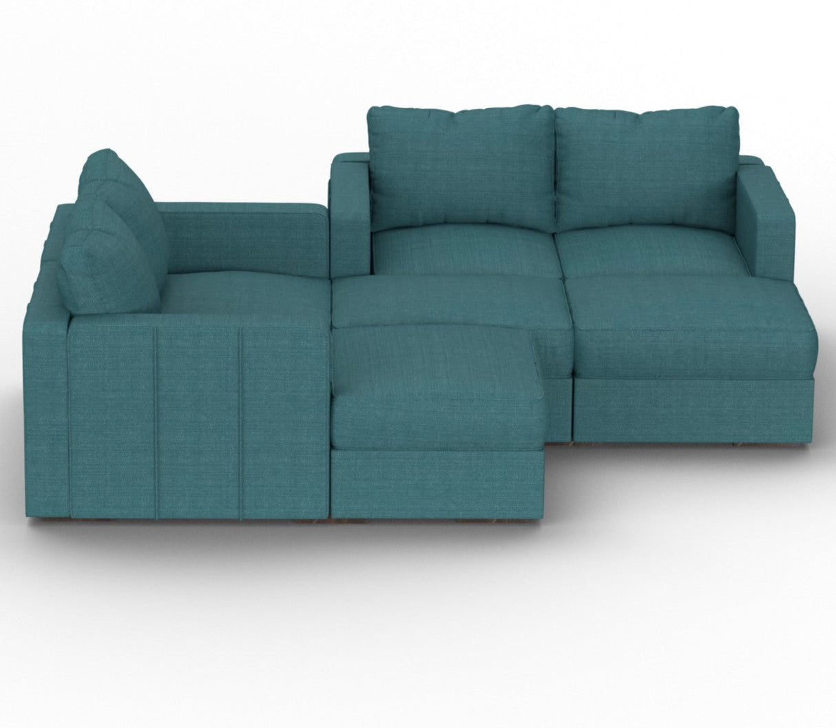 The Sactionals - 7 Seats + 8 Sides Mediterranea Solid Polylinen is a teal L-shaped sectional sofa with a modern design, featuring multiple cushions and a chaise lounge on one side, set against a plain white background.