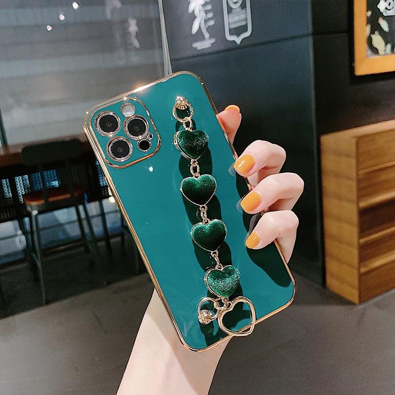 Luxury Women Silicone Phone Case Cover With Wrist Chain Bracelet for iPhone Wristband Bracelet Hand Holder Cover for iPhone 13 12 11 Pro Max plating Case Heart Chain Cases for iPhone 7 8 Plus XR XS Max X