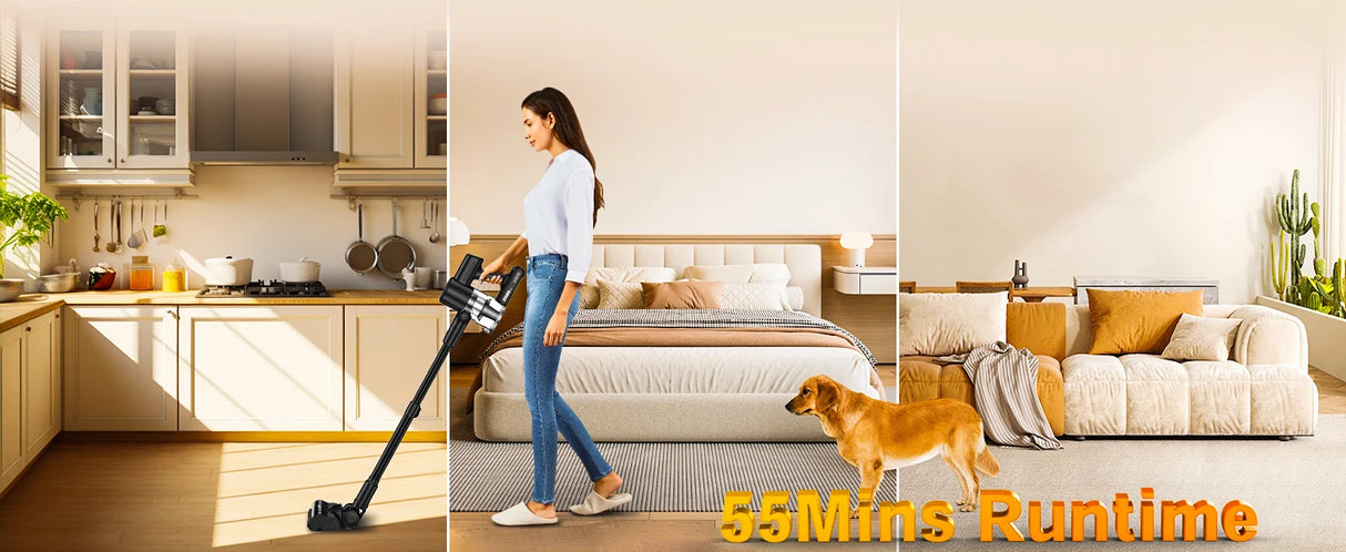 Cordless Vacuum Cleaner, 55Kpa/55Mins Vacuum Cleaners for Home, Anti-tangle Stick Vacuum with Self-Standing, Wall Mount Charging
