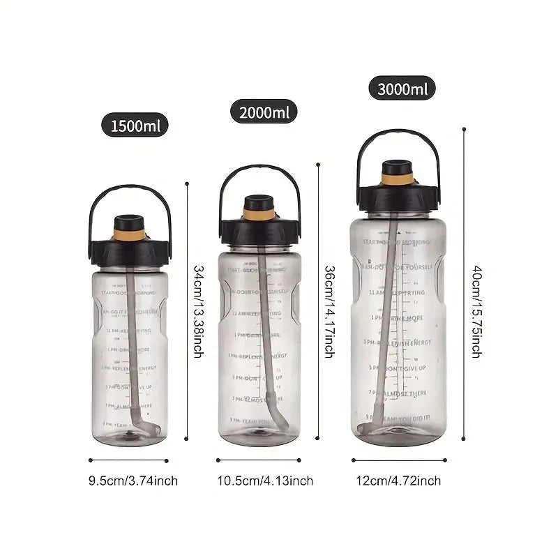 Sports Water Bottle 1.5L/2L/3L Leakproof with Straw & Time Marker