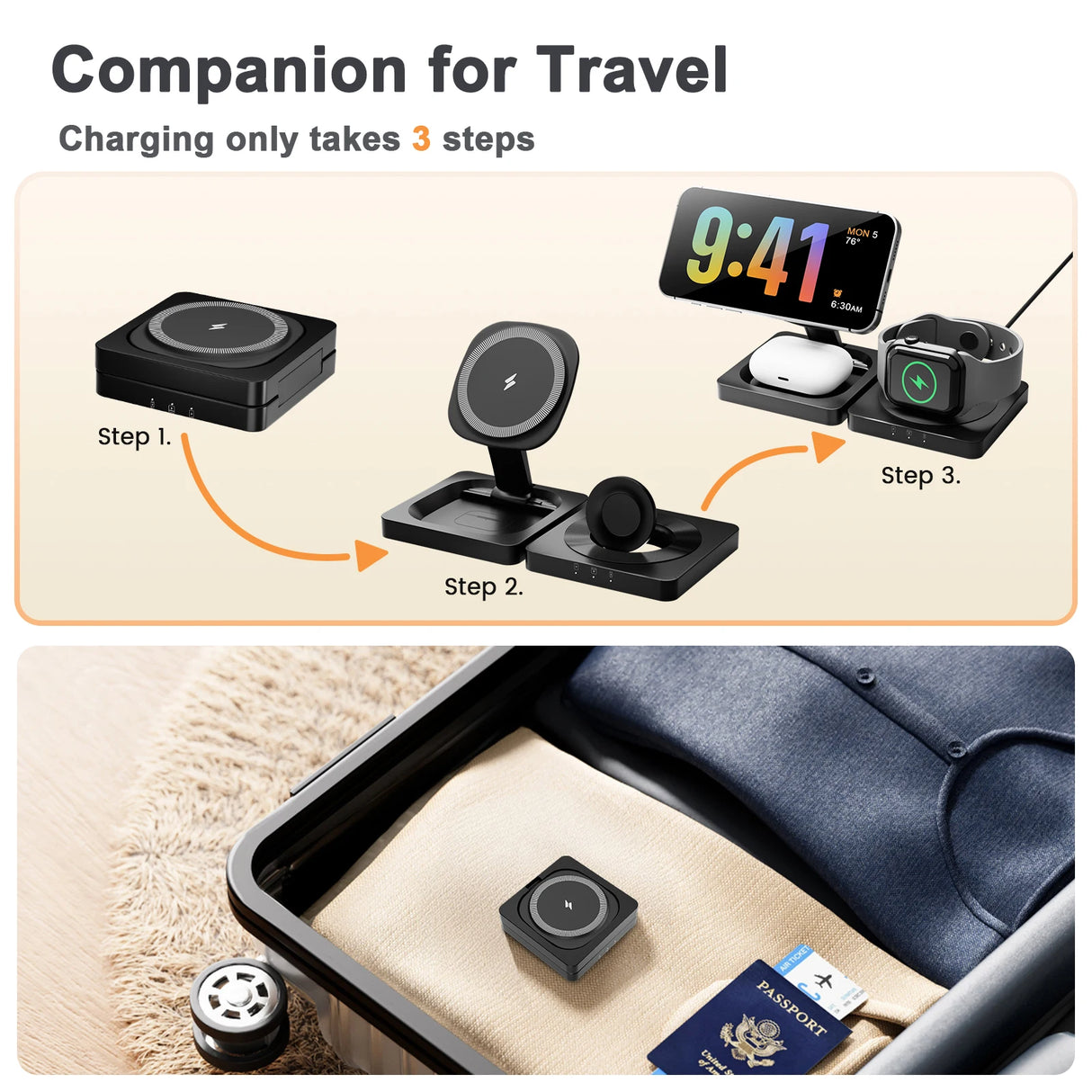 Magnetic Wireless Charger 3-in-1 Folding Fast Charging Station Foldable Travel for Magsafe iPhone 17/16/15/14/13 Watch Airpods