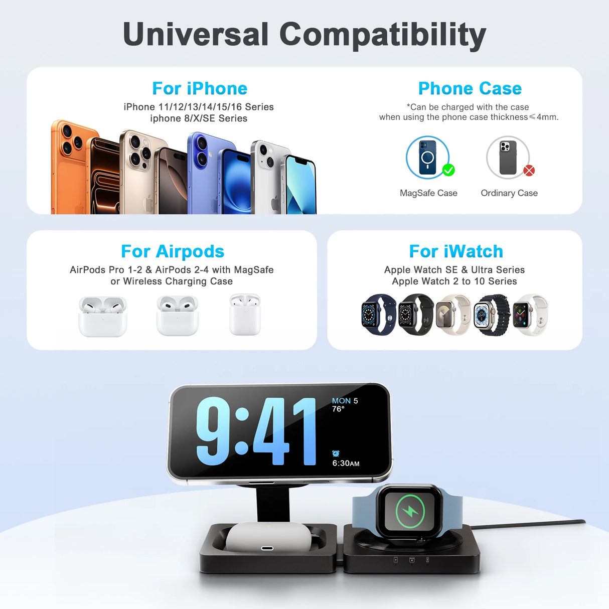 Magnetic Wireless Charger 3-in-1 Folding Fast Charging Station Foldable Travel for Magsafe iPhone 17/16/15/14/13 Watch Airpods