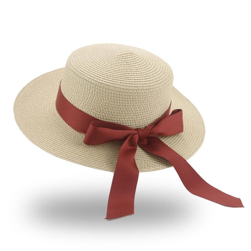 Elegant Adult Bucket Hat Beach Summer Straw Hats for Women Beach Sun Straw Hat Wide Luxury Comfortable Hat Flat Top Ribbon Bowknot Elegant Luxury Women Summer Hat 56-58cm