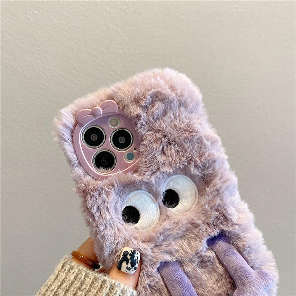 3D Cute Hairy Fluffy Fur Plush Winter Warm Phone Case For iPhone 14 13 12 11 Pro Max Plus Soft Cartoon Back Cover Cute Fuzzy Furry Case Fashion Luxury Case