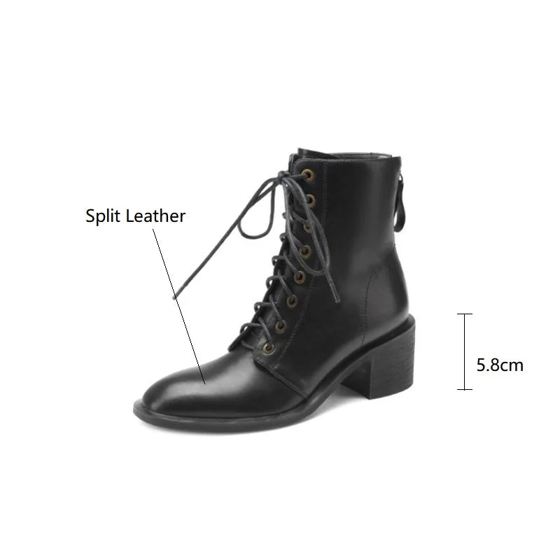 Women's Round Toe Split Leather Boots with Chunky Heels
