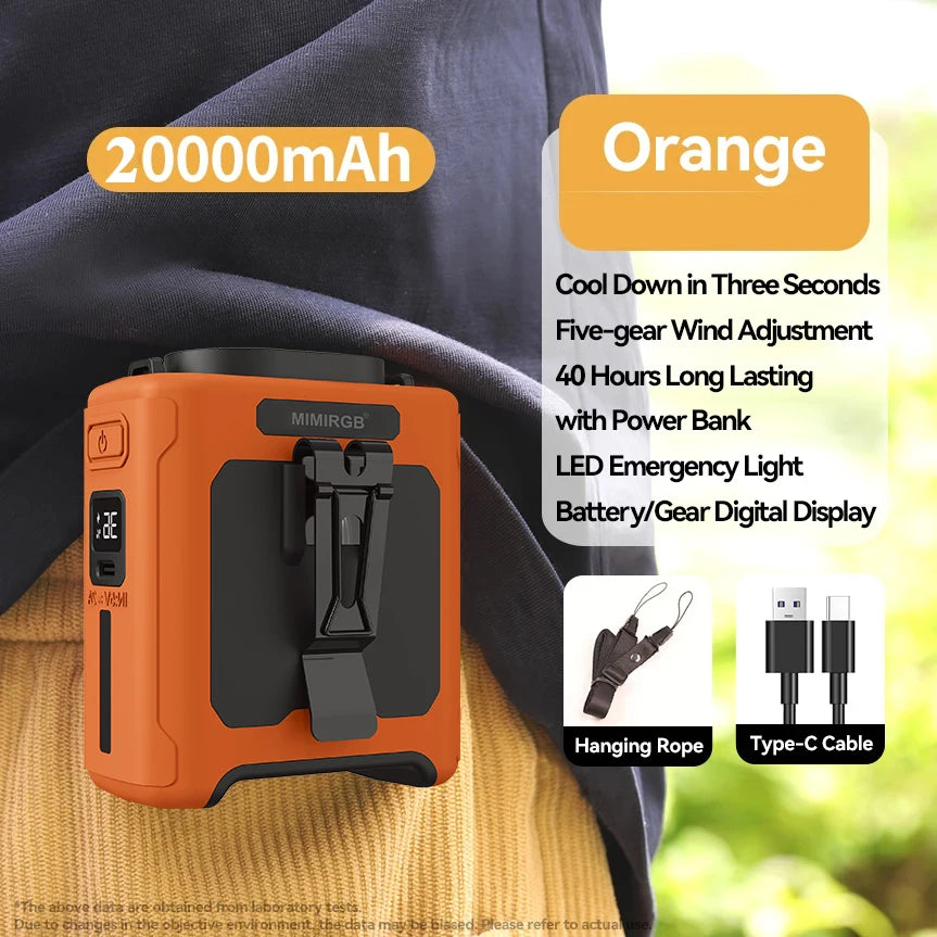 Portable Waist Fan 20000mAh Outdoor Hanging Neck Fan Rechargeable Strong Wind Waist Clip Camping Fan with Power Bank Lighting