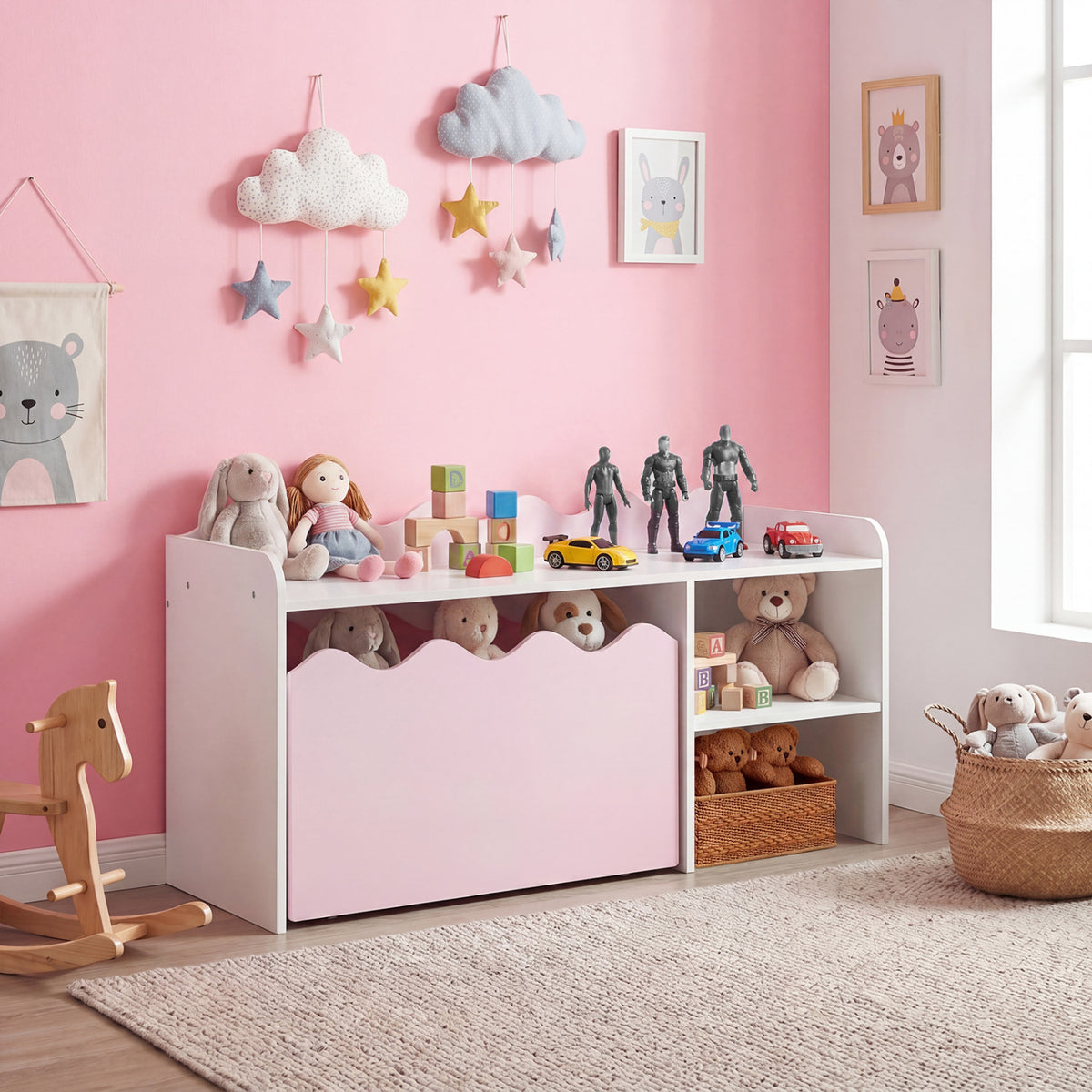 Scalloped Kids Bookshelf and Toy Storage Organizer for Playroom-Pink