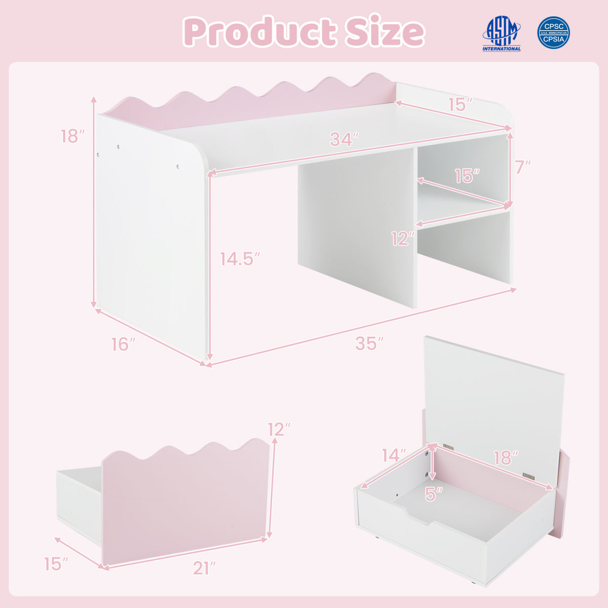 Scalloped Kids Bookshelf and Toy Storage Organizer for Playroom-Pink
