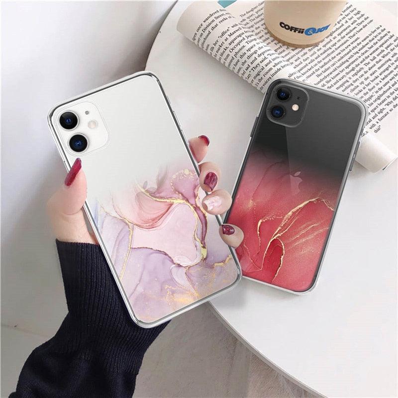 Luxury Marble Transparent Phone Case For iPhone 11 12 Pro XS Max X XR 7 8 Plus Soft Silicone Shockproof Cover Green Marble Design Gold Sparkly Glitter Protective Stylish Slim Thin Cute Case for Phone