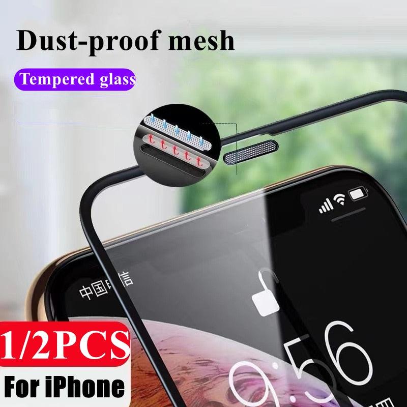 2PCS Alloy Dust Net Tempered Glass for Iphone 14 13 12 11 Pro XS MAX XR Screen Protector for IPhone 13Mini 14Plus Protective Glass Full Edge-to-Edge Screen Protection Glue Tempered Glass for iPhone
