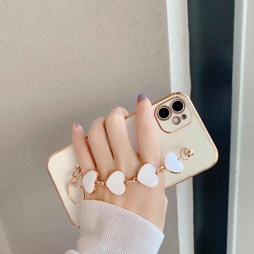 Luxury Women Silicone Phone Case Cover With Wrist Chain Bracelet for iPhone Wristband Bracelet Hand Holder Cover for iPhone 13 12 11 Pro Max plating Case Heart Chain Cases for iPhone 7 8 Plus XR XS Max X