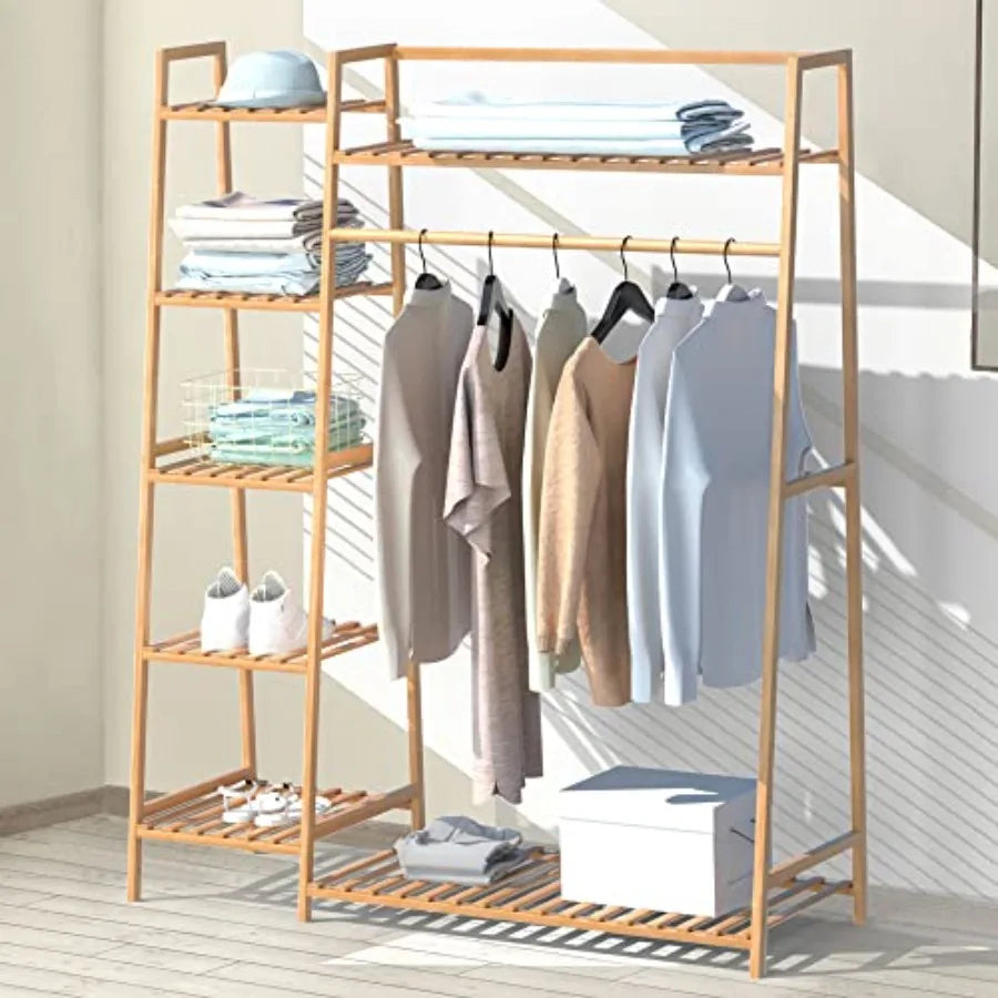 Bamboo Clothing Garment Rack, Free Standing Clothes Coat Hanger, Closet Organizer w/Shoe Rack, Multi-tiered Wardrobe Storage Sh