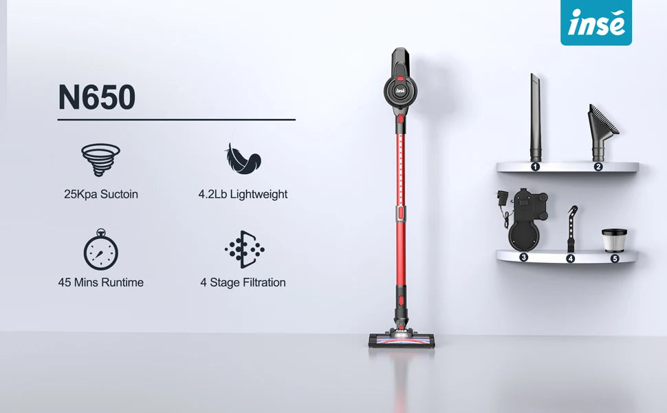 INSE N650 Cordless Vacuum Cleaner Powerful Suction 4-in-1 Stick Vacuum Cleaner Rechargeable Battery Up to 45mins Runtime