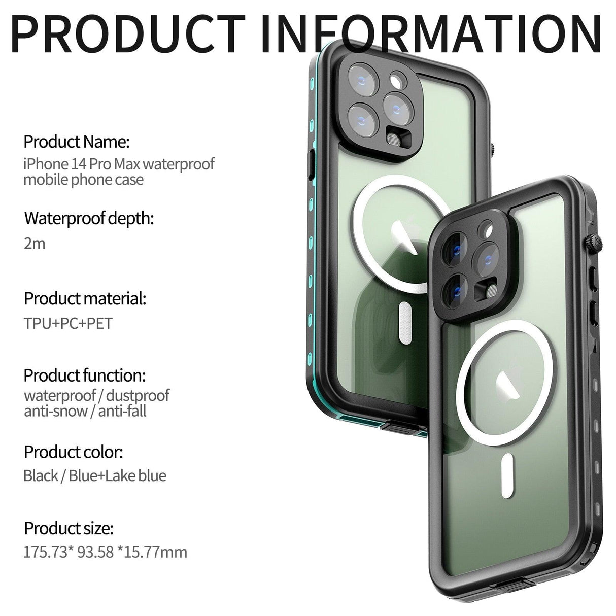 Waterproof Case For iPhone 14 Pro Max 14 Pro iPhone 13 Pro Max Protector Full Body Protective Dustproof Magnetic Phone Case Waterproof 360 Degree All-Round Protection with Built-in Screen Protector Outdoor Transparent Shockproof Case