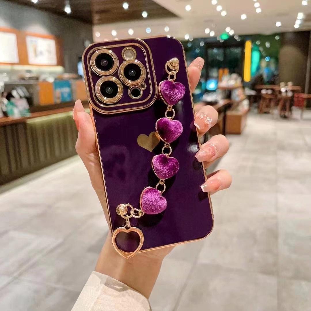 Luxury Love Heart Elegant Sparkle Case With Chain Bracelet Strap Soft Protective Bumper Cover Compatible with iPhone Bracelet soft case for iPhone 12 Pro Max 11 pro max X XS XR 7 8 Plus Stylish Phone Cover