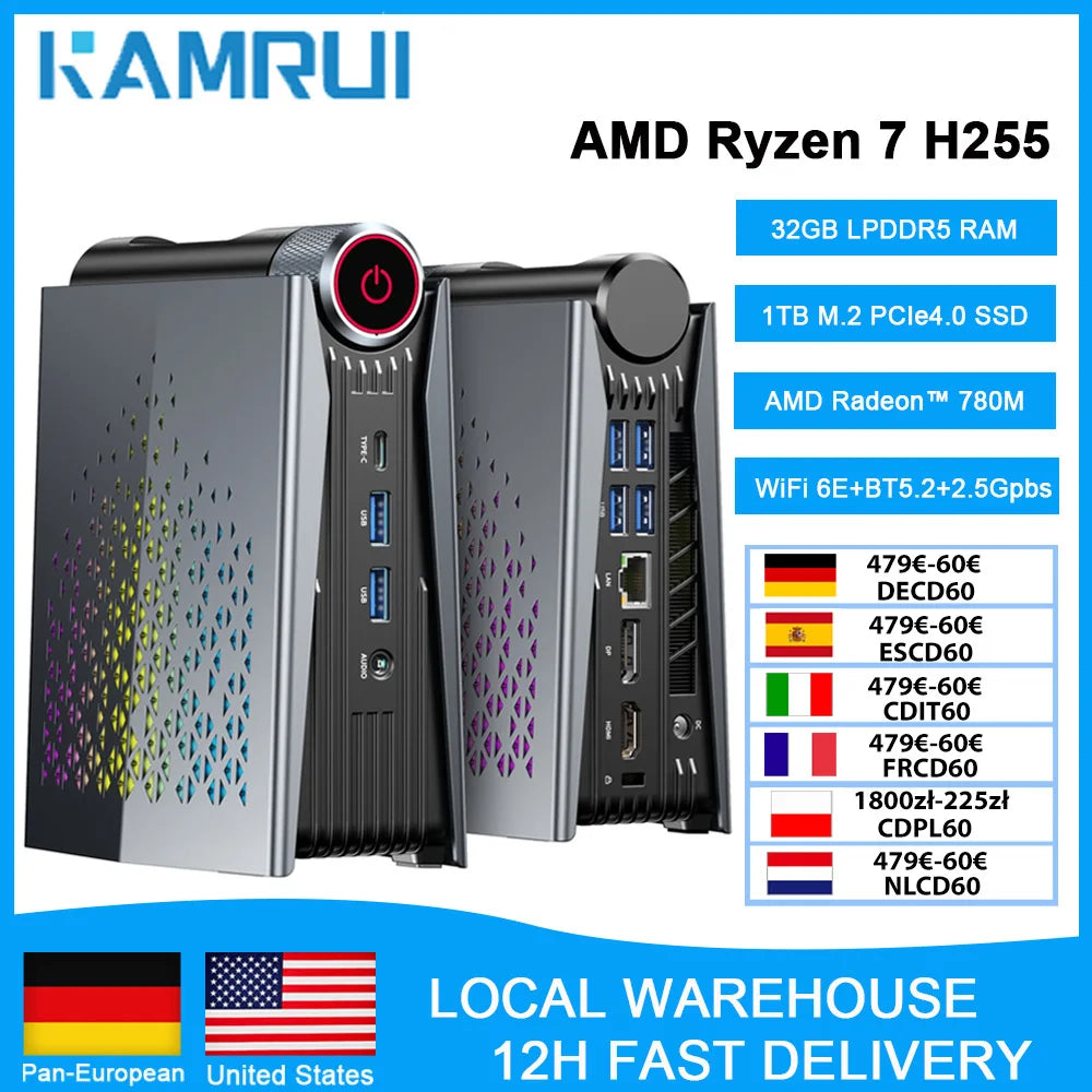 KAMRUI Mini Gaming PC AMD Ryzen7 H255 32GB LPDDR5 1TB M.2 PCIe SSD Wifi6E BT5.2 2.5GLAN Radeon 780M 8K Win11pro Desktop Computer