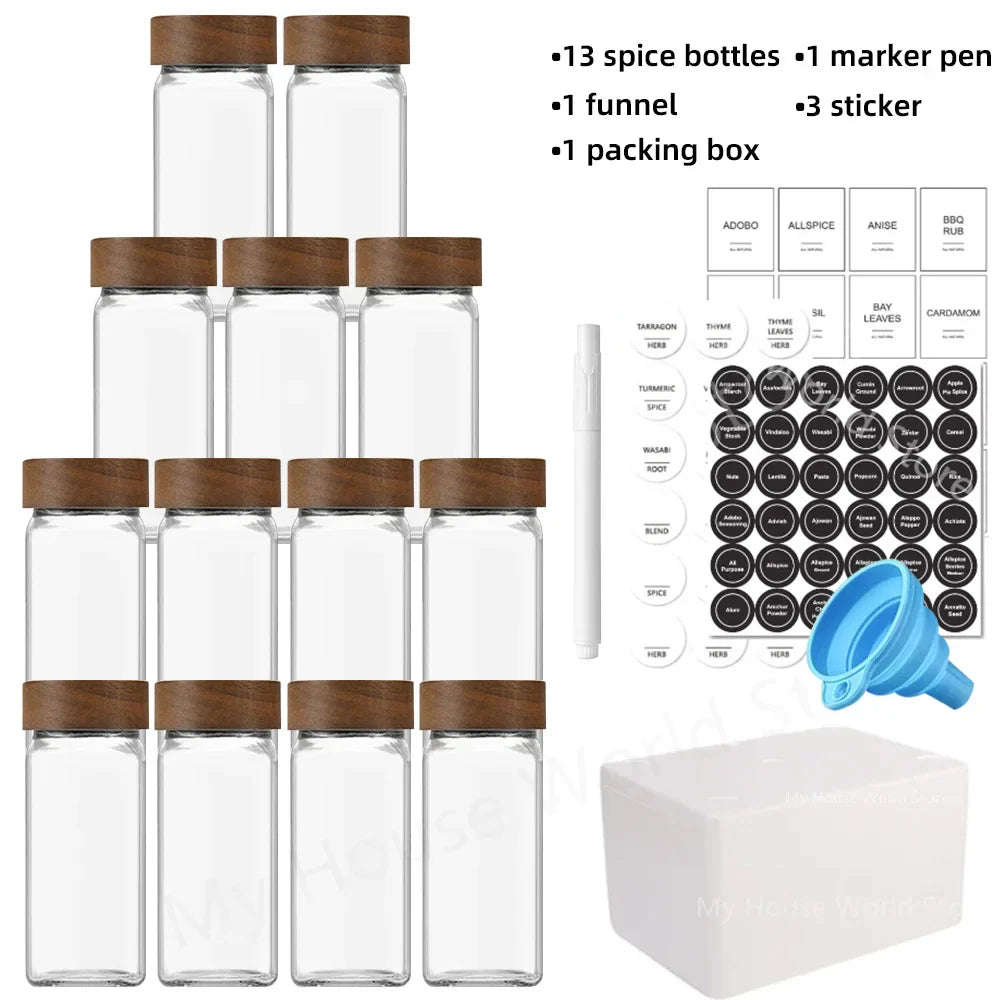 13 Glass Spice Jars with Bamboo Lids 4oz Set for Spice Rack Storage