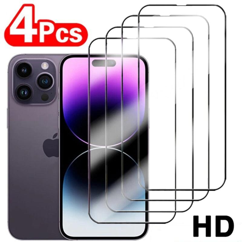 4Pcs Full Cover Screen Protectors for IPhone 13 11 12 Pro Max Mini 13Pro 11Pro 14 PRO XS MAX X XR SE 6S 8 7 Plus Tempered Glass Ultra Clear Tempered Glass Case Friendly Easy to Install Screen Protector