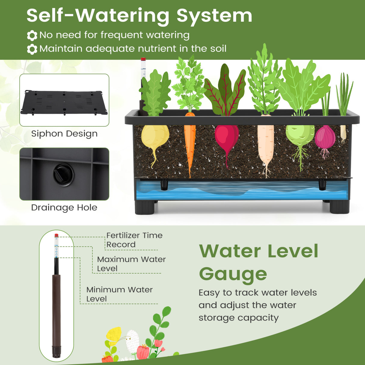 Self-watering Raised Garden Bed Elevated Planter with Climbing Trellis-Black