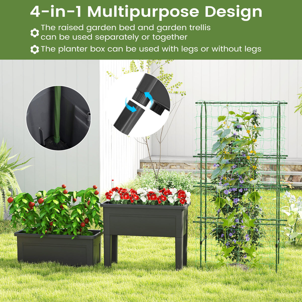 Self-watering Raised Garden Bed Elevated Planter with Climbing Trellis-Black