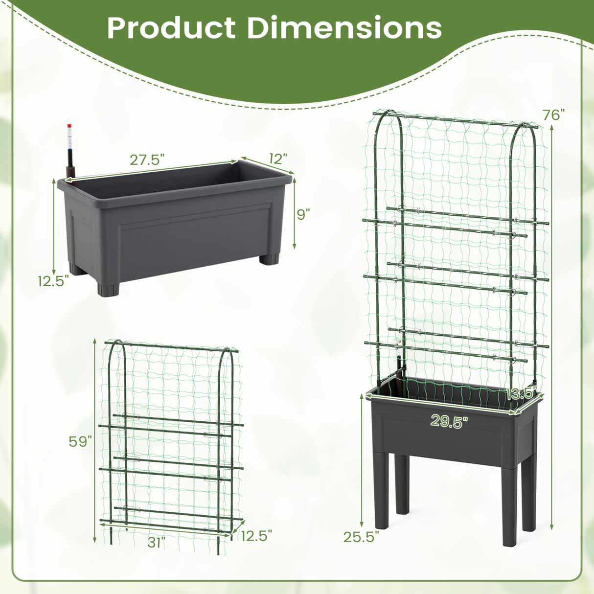 Self-watering Raised Garden Bed Elevated Planter with Climbing Trellis-Black