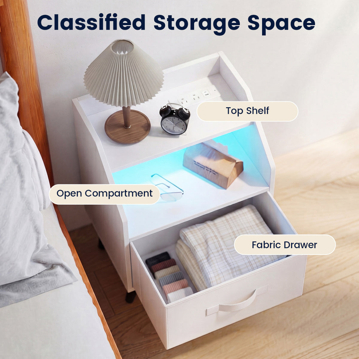 Set Of 2 Nightstands with LED Lights and Power Outlets for Living Room-White