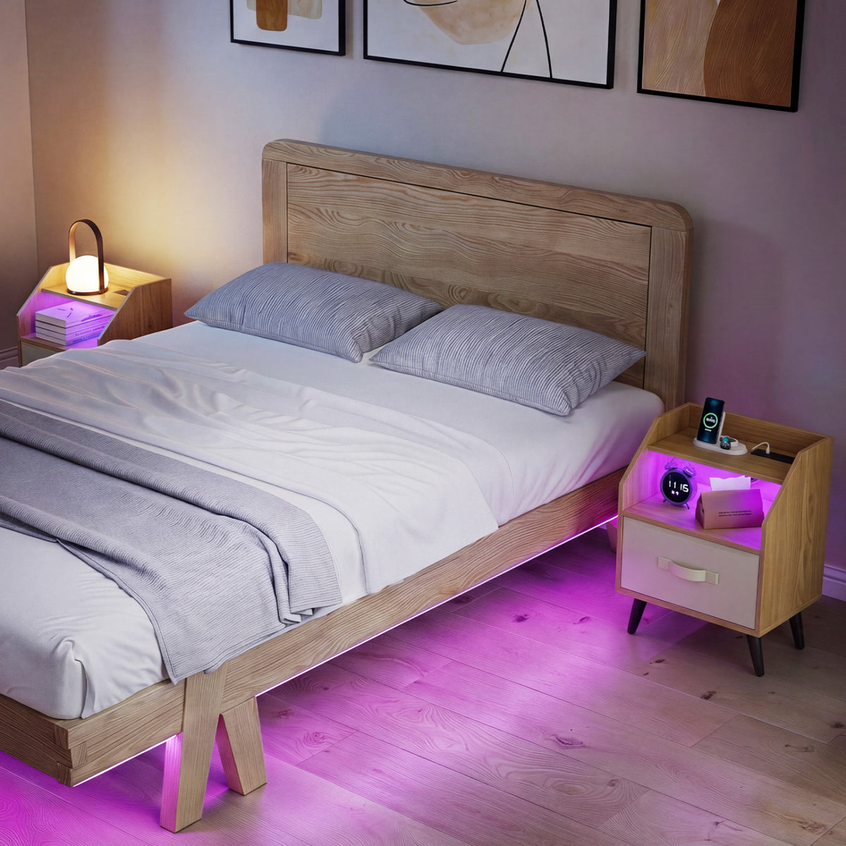 Set Of 2 Nightstands with LED Lights and Power Outlets for Living Room-Natrual