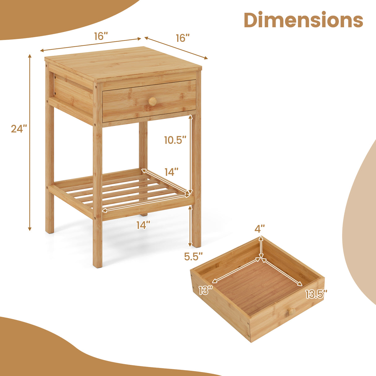 Set of 1/2 Bamboo Nightstand Bedside Table with Storage Drawer and Open Shelf-2 pieces