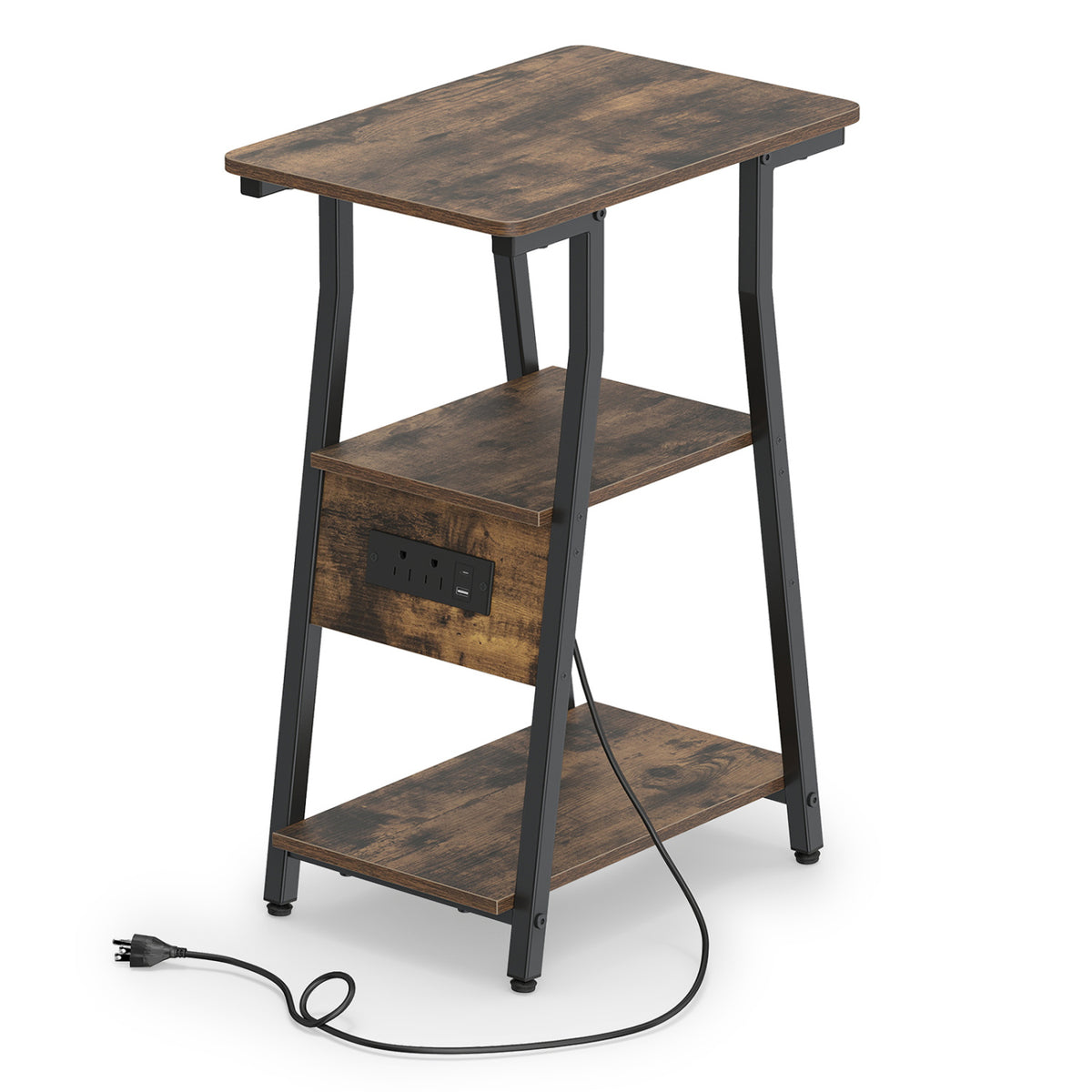 Set of 1 Industrial Side Tables with Charging Station & 3-Tier Shelves for Small Space-Rustic Brown