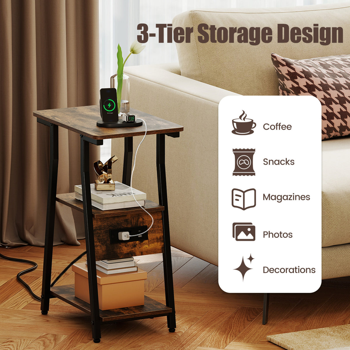 Set of 1 Industrial Side Tables with Charging Station & 3-Tier Shelves for Small Space-Rustic Brown