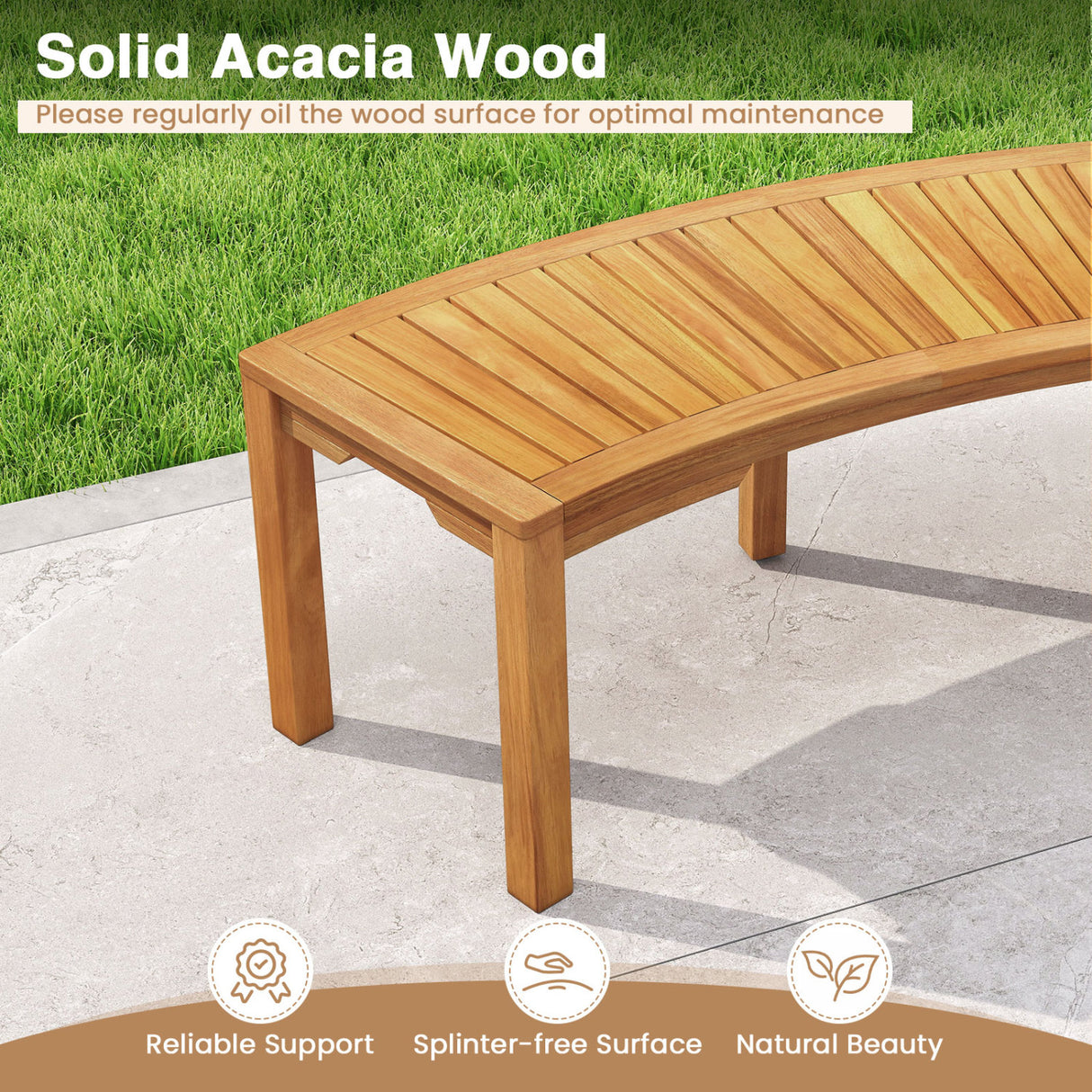 Set of 1 Outdoor Bench Acacia Wood Curved Garden Bench 2-Person