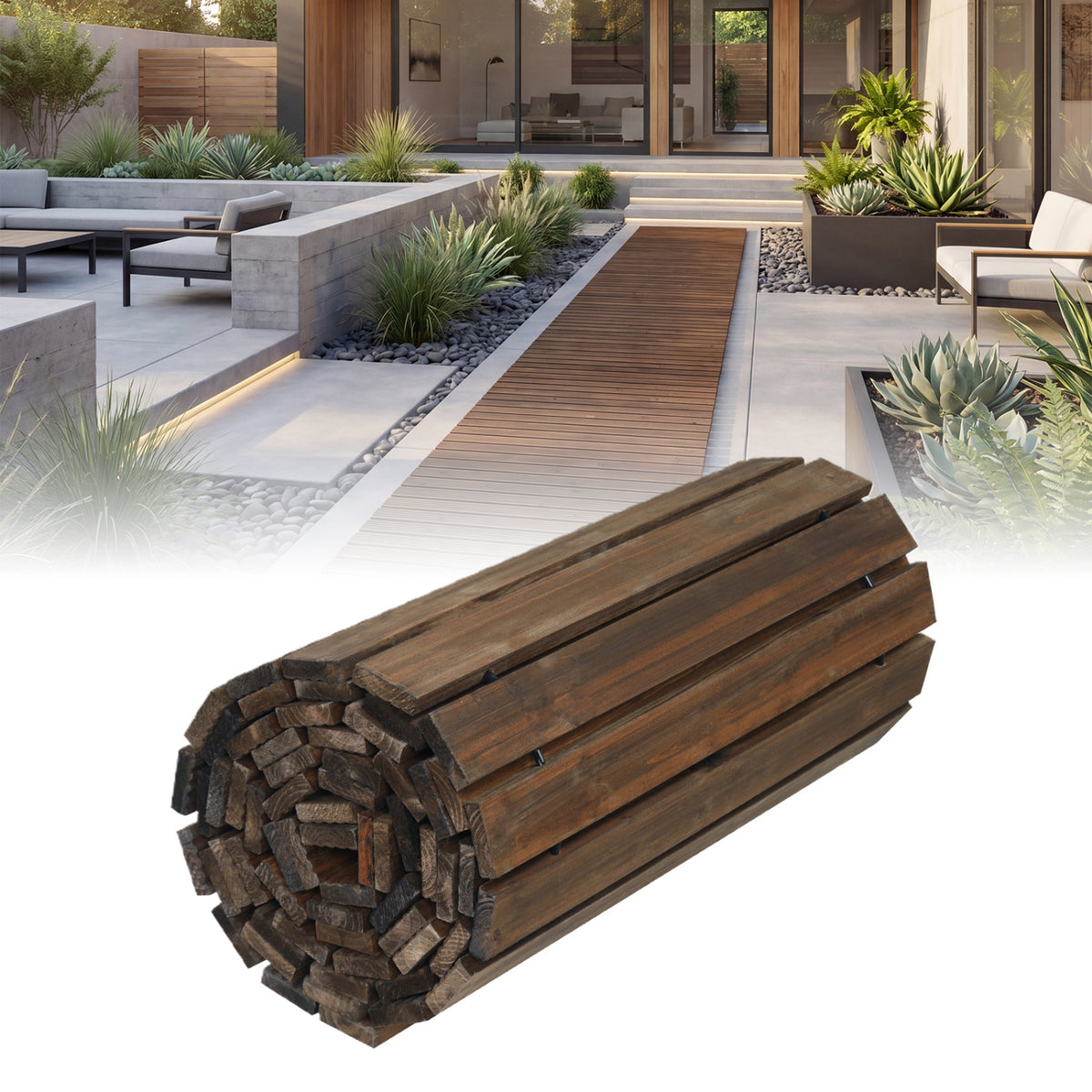Set of 2 12 FT Wooden Garden Pathway Roll Out Decorative Cedar Straight Outdoor Walkway-Brown