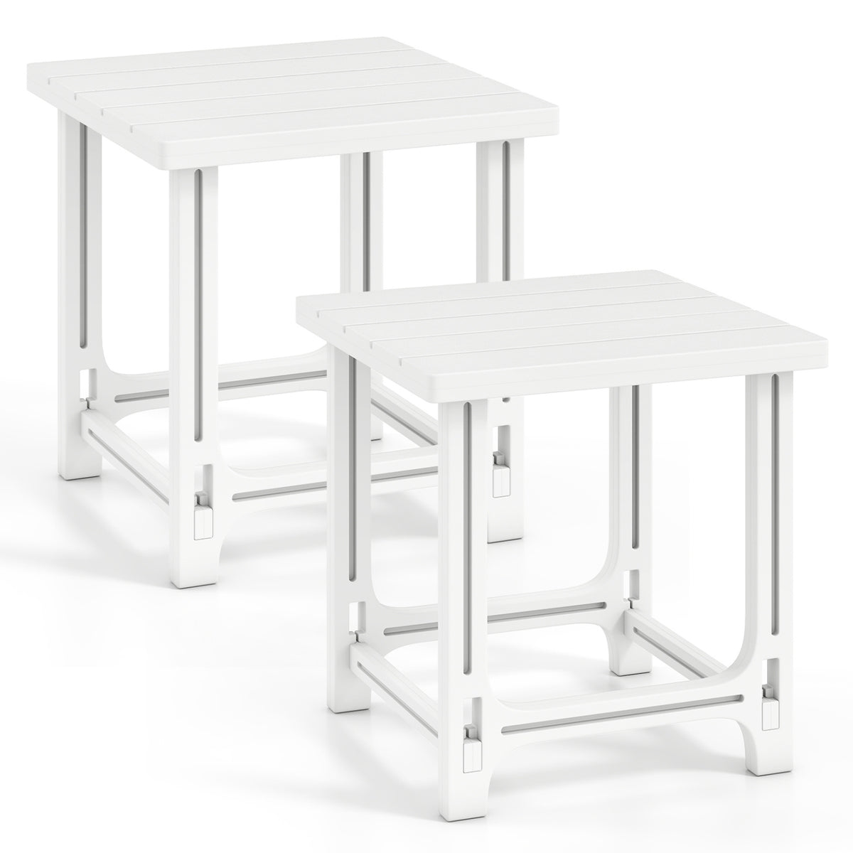 Set of 2 18 Inch Outdoor Adirondack Side Table with Slatted Surface-White