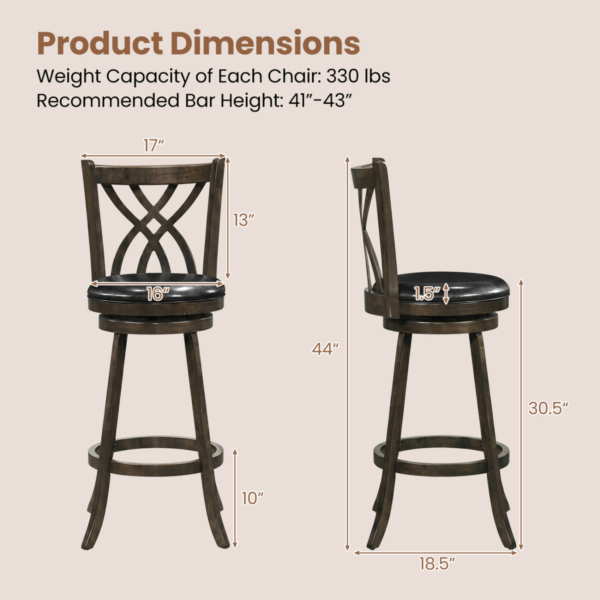 Set of 2 29" Counter Height Bar Stools with Rubber Wood Frame and Hollowed Backrest-Gray