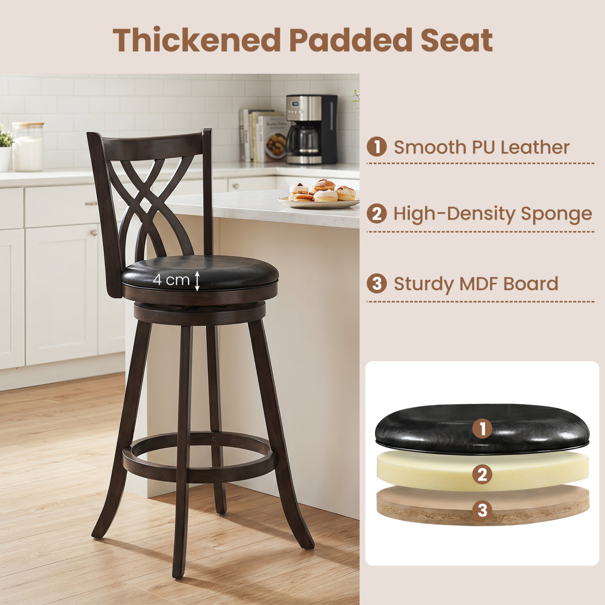 Set of 2 29" Counter Height Bar Stools with Rubber Wood Frame and Hollowed Backrest-Gray