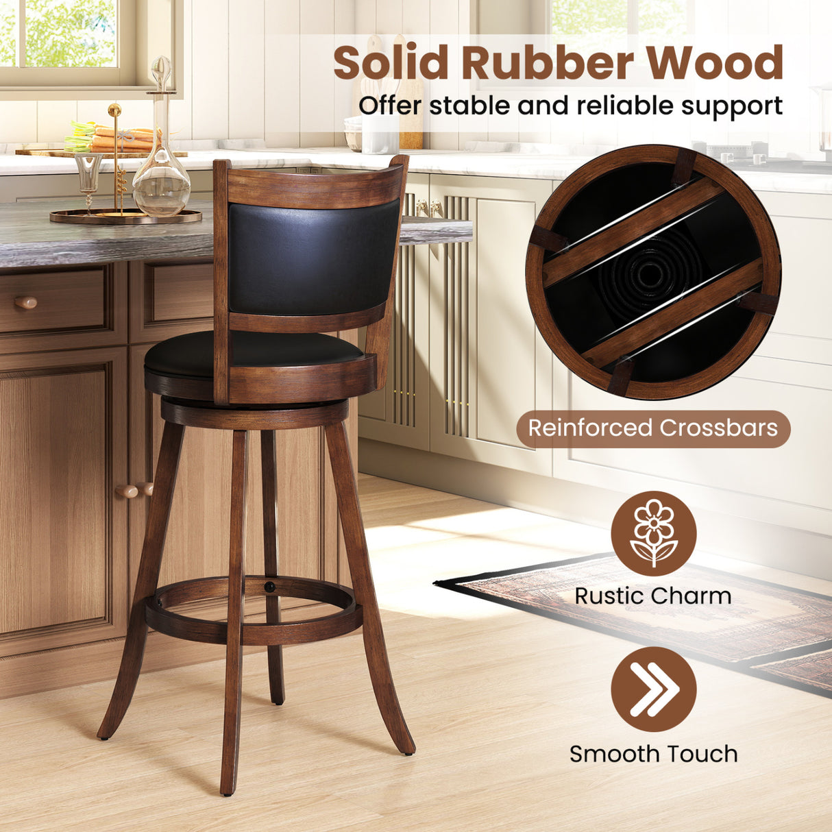 Set of 2 29 Inch Swivel Bar Height Stool Wood Dining Chair Barstool-Brown
