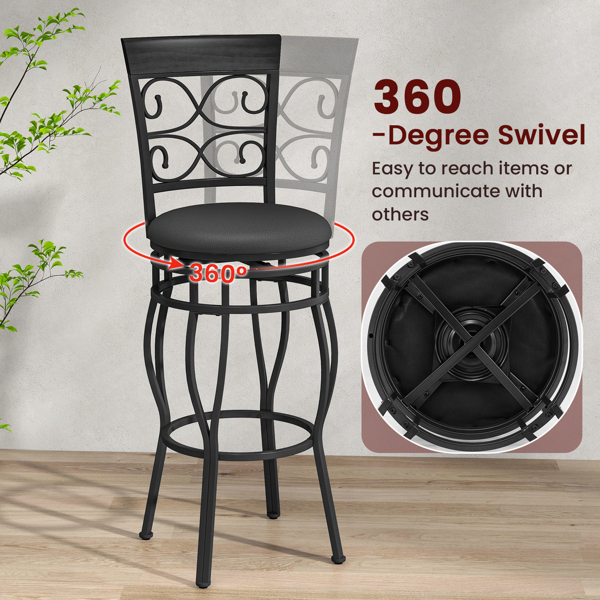 Set of 2 30 Inch Bar Stool with Backrest and Footrest-Black