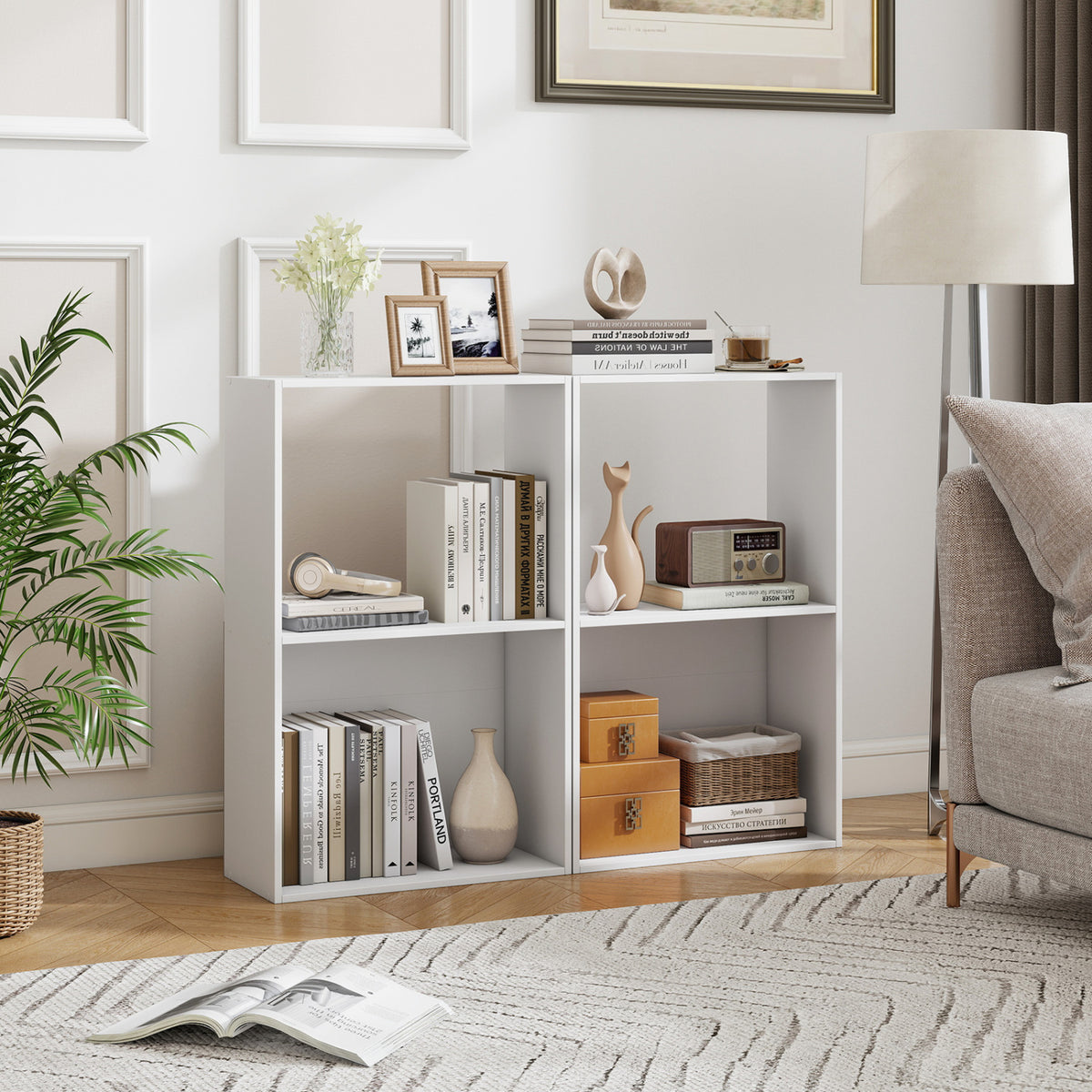 Set of 2 3-Tier Bookshelf with Open Storage Compartment and Freestanding Display Shelf-White