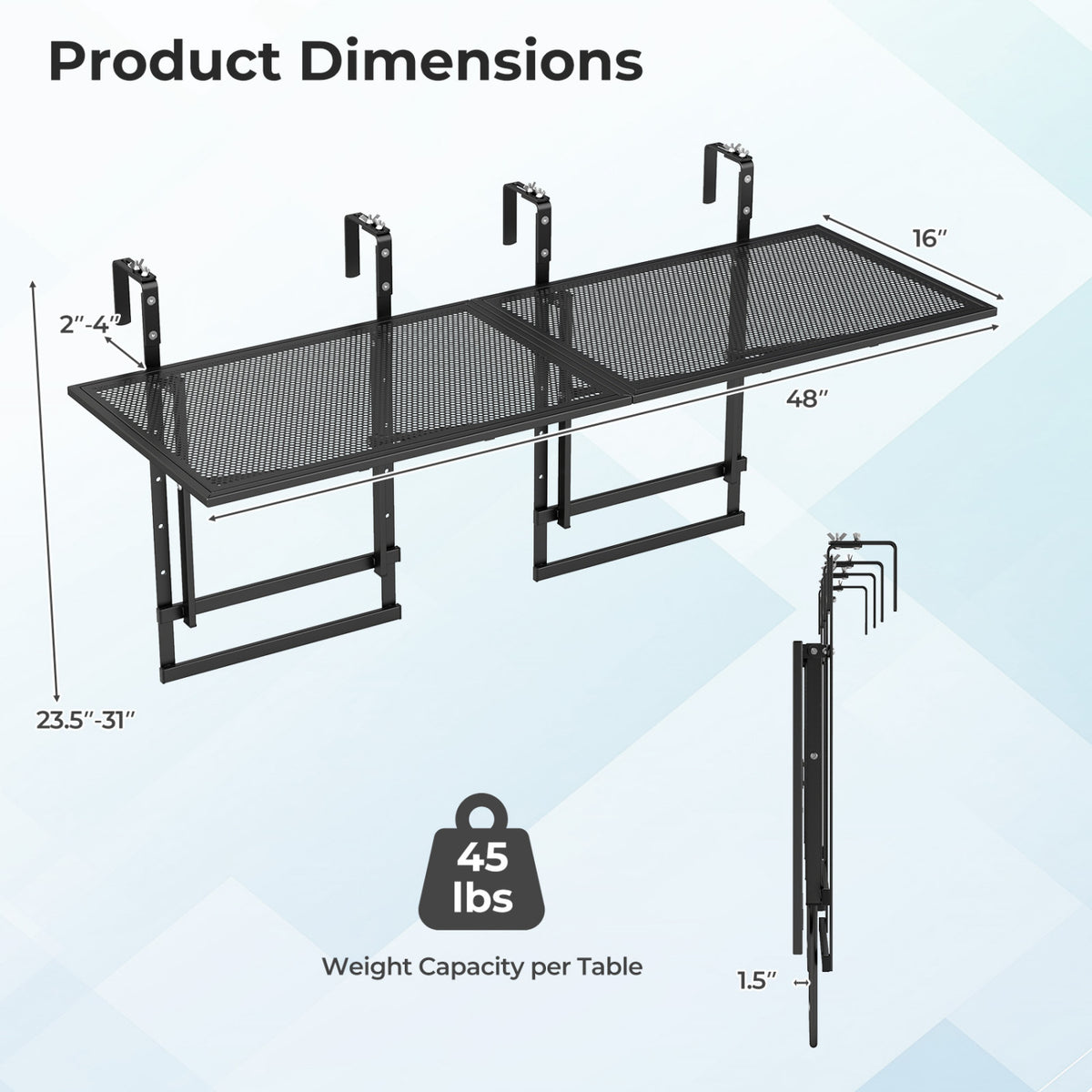 Set of 2 48" Balcony Railing Table with 5-Level Adjustable Height for Patio and Deck-Black
