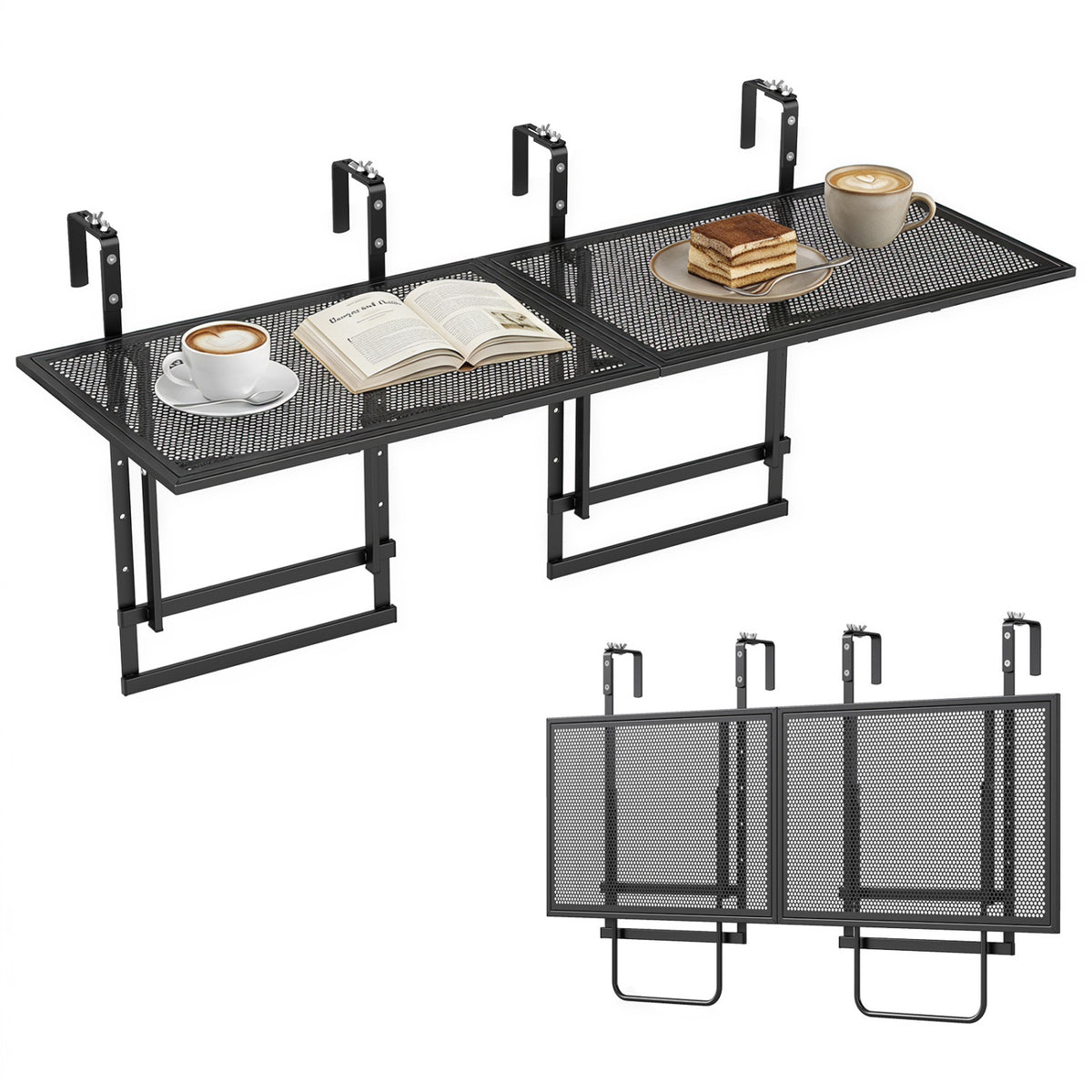 Set of 2 48" Balcony Railing Table with 5-Level Adjustable Height for Patio and Deck-Black