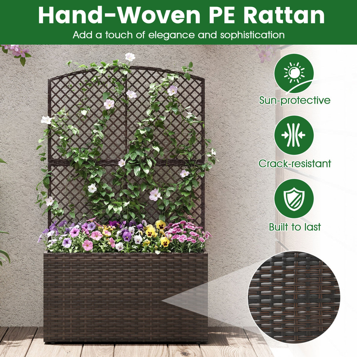 Set of 2 49 Inch Raised Garden Bed with Trellis and Wicker Planter Box-Brown