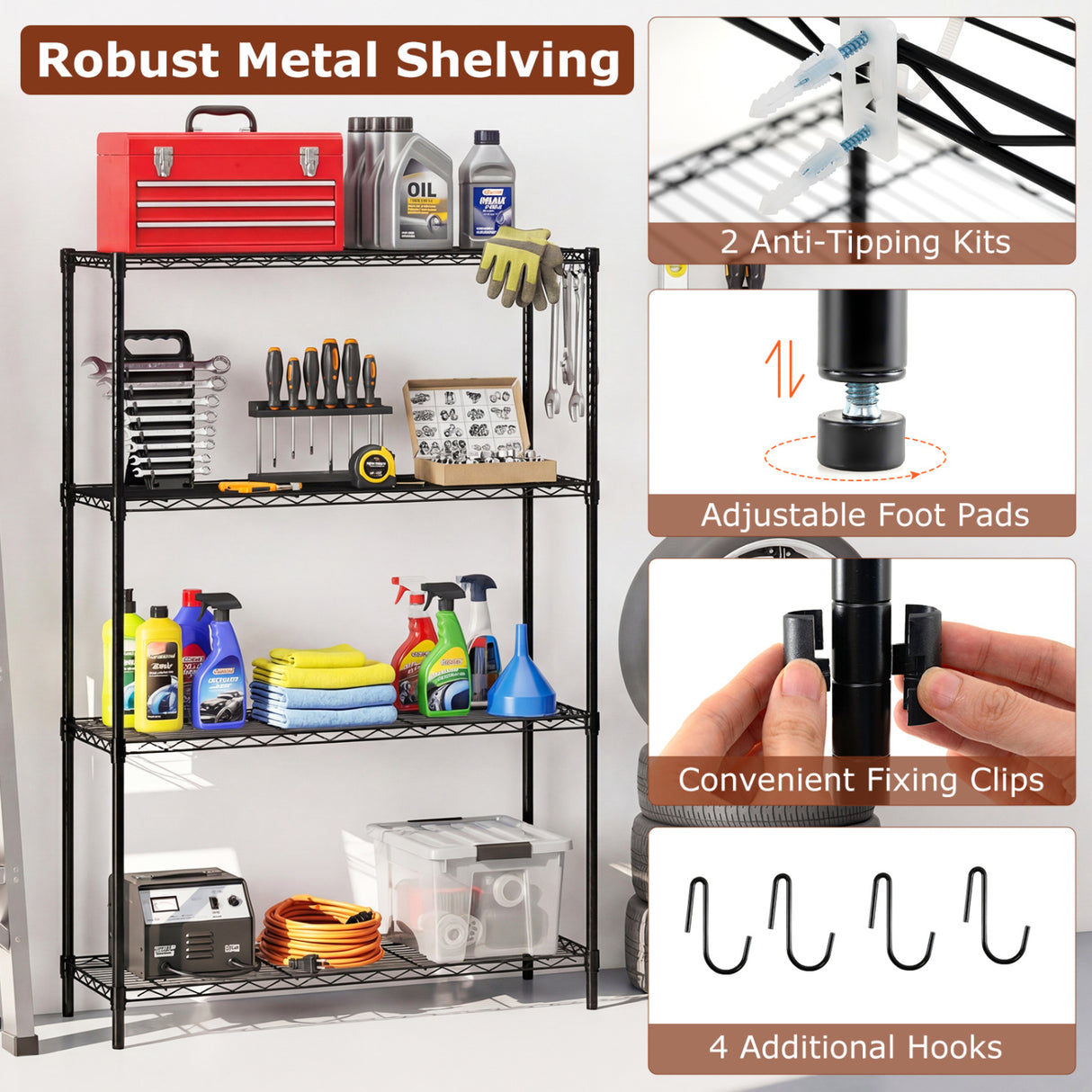 Set of 2 4-Tier Metal Storage Shelving Unit with V-Shaped Wire Rack and 1000 LBS Capacity-Black