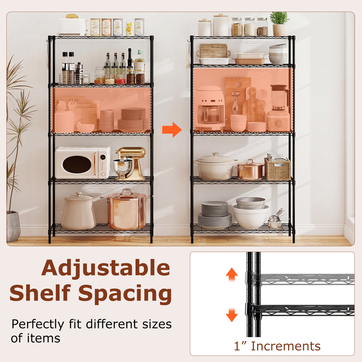 Set of 2 5-Tier Metal Storage Shelving Unit with V-Shaped Wire Rack and 1250 LBS Capacity-Black
